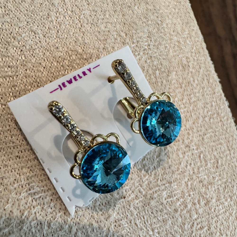 14K Gold Plated Crystal & CZ Elegant Blue Gemstone Earrings